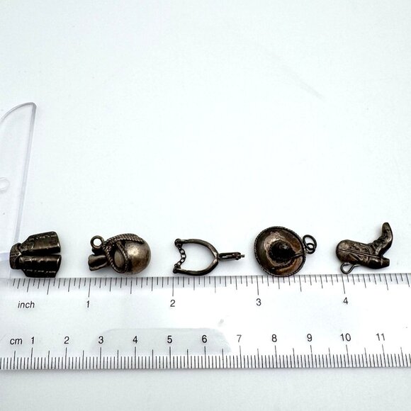 Sterling Silver Western Cowboy Charm Set Boot Spur Hat Chaps Money Bag Vintage - Picture 3 of 13